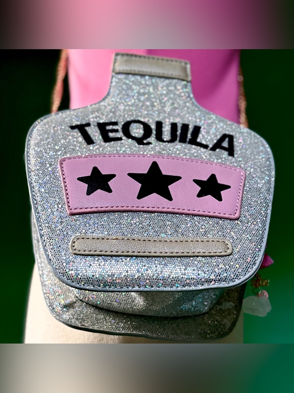 Silver Glitter Tequila Bottle Purse Bag Gold Chain Embroidered Y2K Bag Charm Fun - Picture 5 of 11